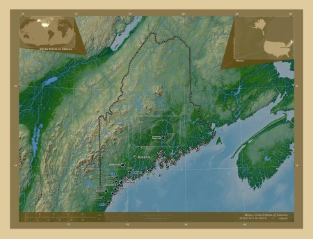 Téléchargez les photos : Maine, État des États-Unis d'Amérique. Carte d'altitude colorée avec lacs et rivières. Emplacements et noms des grandes villes de la région. Corner cartes de localisation auxiliaires - en image libre de droit
