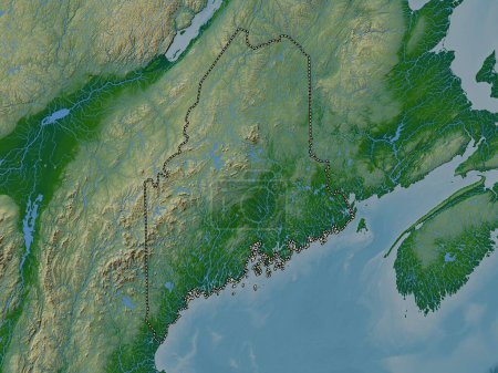 Foto de Maine, estado de los Estados Unidos de América. Mapa de elevación de colores con lagos y ríos - Imagen libre de derechos