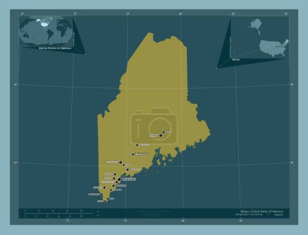 Foto de Maine, estado de los Estados Unidos de América. Forma de color sólido. Ubicaciones y nombres de las principales ciudades de la región. Mapas de ubicación auxiliares de esquina - Imagen libre de derechos