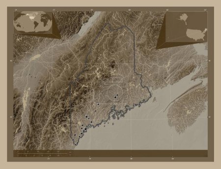 Foto de Maine, estado de los Estados Unidos de América. Mapa de elevación coloreado en tonos sepia con lagos y ríos. Ubicaciones de las principales ciudades de la región. Mapas de ubicación auxiliares de esquina - Imagen libre de derechos