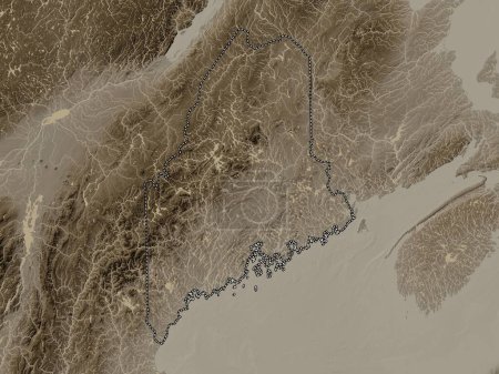 Foto de Maine, estado de los Estados Unidos de América. Mapa de elevación coloreado en tonos sepia con lagos y ríos - Imagen libre de derechos
