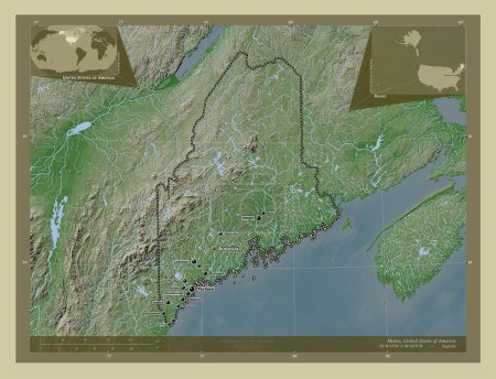 Foto de Maine, estado de los Estados Unidos de América. Mapa de elevación coloreado en estilo wiki con lagos y ríos. Ubicaciones y nombres de las principales ciudades de la región. Mapas de ubicación auxiliares de esquina - Imagen libre de derechos
