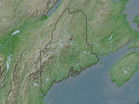 Téléchargez les photos : Maine, État des États-Unis d'Amérique. Carte d'altitude colorée dans le style wiki avec des lacs et des rivières - en image libre de droit
