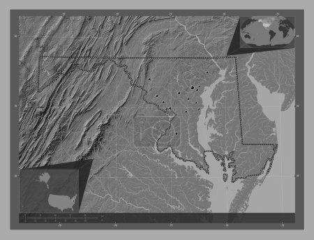 Photo for Maryland, state of United States of America. Bilevel elevation map with lakes and rivers. Locations of major cities of the region. Corner auxiliary location maps - Royalty Free Image