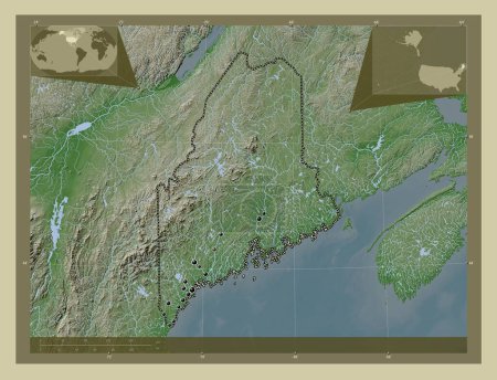 Foto de Maine, estado de los Estados Unidos de América. Mapa de elevación coloreado en estilo wiki con lagos y ríos. Ubicaciones de las principales ciudades de la región. Mapas de ubicación auxiliares de esquina - Imagen libre de derechos