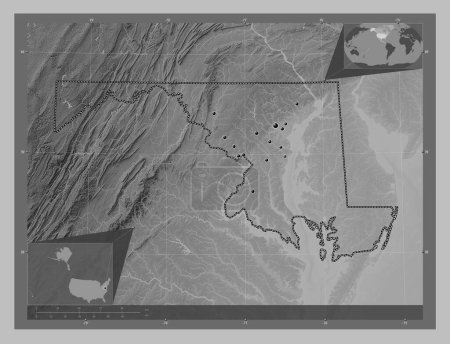 Téléchargez les photos : Maryland, État des États-Unis. Carte d'altitude en niveaux de gris avec lacs et rivières. Emplacements des grandes villes de la région. Corner cartes de localisation auxiliaires - en image libre de droit