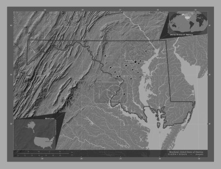 Téléchargez les photos : Maryland, État des États-Unis. Carte d'altitude de Bilevel avec lacs et rivières. Emplacements et noms des grandes villes de la région. Corner cartes de localisation auxiliaires - en image libre de droit