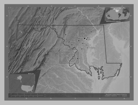 Photo for Maryland, state of United States of America. Grayscale elevation map with lakes and rivers. Locations and names of major cities of the region. Corner auxiliary location maps - Royalty Free Image
