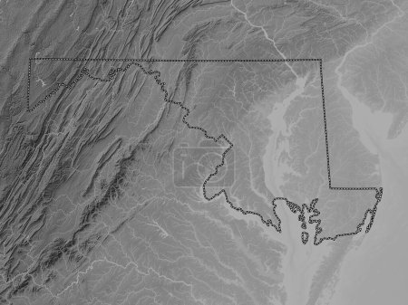 Foto de Maryland, estado de los Estados Unidos de América. Mapa de elevación a escala de grises con lagos y ríos - Imagen libre de derechos