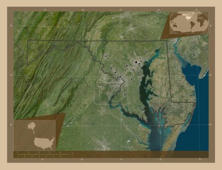 Photo for Maryland, state of United States of America. Low resolution satellite map. Locations of major cities of the region. Corner auxiliary location maps - Royalty Free Image