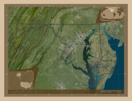 Foto de Maryland, estado de los Estados Unidos de América. Mapa satelital de baja resolución. Ubicaciones y nombres de las principales ciudades de la región. Mapas de ubicación auxiliares de esquina - Imagen libre de derechos