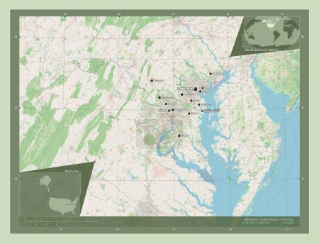 Photo for Maryland, state of United States of America. Open Street Map. Locations and names of major cities of the region. Corner auxiliary location maps - Royalty Free Image