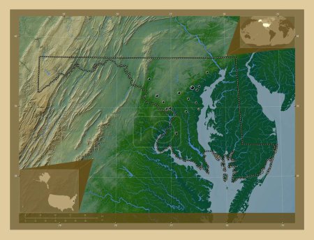 Foto de Maryland, estado de los Estados Unidos de América. Mapa de elevación de colores con lagos y ríos. Ubicaciones de las principales ciudades de la región. Mapas de ubicación auxiliares de esquina - Imagen libre de derechos