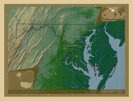 Photo for Maryland, state of United States of America. Colored elevation map with lakes and rivers. Locations and names of major cities of the region. Corner auxiliary location maps - Royalty Free Image