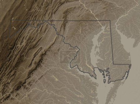 Foto de Maryland, estado de los Estados Unidos de América. Mapa de elevación coloreado en tonos sepia con lagos y ríos - Imagen libre de derechos