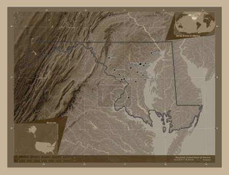 Photo for Maryland, state of United States of America. Elevation map colored in sepia tones with lakes and rivers. Locations and names of major cities of the region. Corner auxiliary location maps - Royalty Free Image