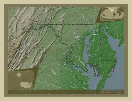 Photo for Maryland, state of United States of America. Elevation map colored in wiki style with lakes and rivers. Locations and names of major cities of the region. Corner auxiliary location maps - Royalty Free Image