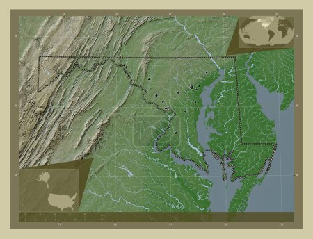 Téléchargez les photos : Maryland, État des États-Unis. Carte d'altitude colorée dans le style wiki avec des lacs et des rivières. Emplacements des grandes villes de la région. Corner cartes de localisation auxiliaires - en image libre de droit