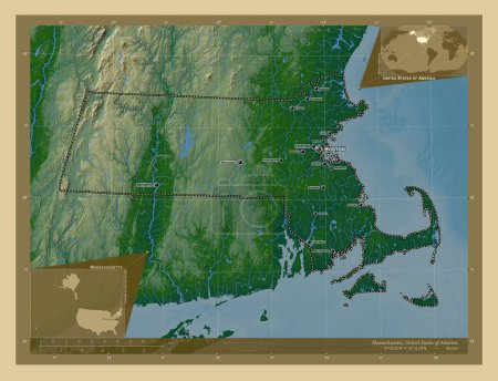 Foto de Massachusetts, estado de los Estados Unidos de América. Mapa de elevación de colores con lagos y ríos. Ubicaciones y nombres de las principales ciudades de la región. Mapas de ubicación auxiliares de esquina - Imagen libre de derechos