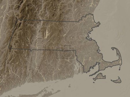 Foto de Massachusetts, estado de los Estados Unidos de América. Mapa de elevación coloreado en tonos sepia con lagos y ríos - Imagen libre de derechos