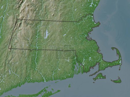 Foto de Massachusetts, estado de los Estados Unidos de América. Mapa de elevación coloreado en estilo wiki con lagos y ríos - Imagen libre de derechos