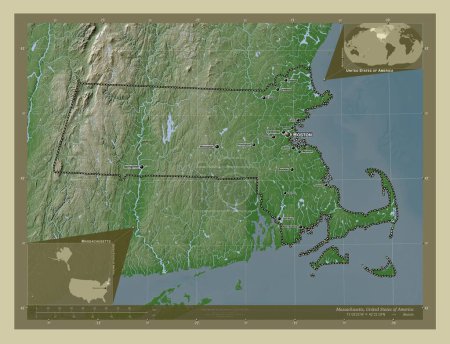 Foto de Massachusetts, estado de los Estados Unidos de América. Mapa de elevación coloreado en estilo wiki con lagos y ríos. Ubicaciones y nombres de las principales ciudades de la región. Mapas de ubicación auxiliares de esquina - Imagen libre de derechos
