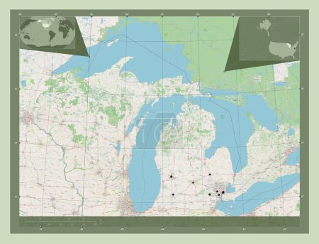 Foto de Michigan, estado de los Estados Unidos de América. Open Street Map. Ubicaciones de las principales ciudades de la región. Mapas de ubicación auxiliares de esquina - Imagen libre de derechos