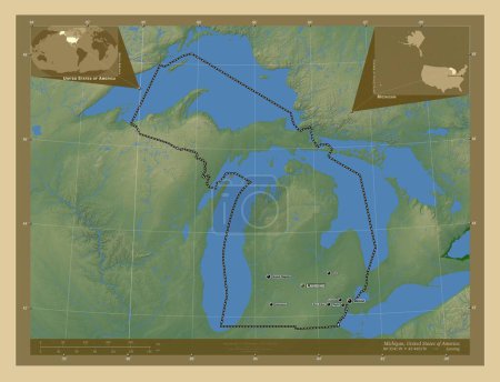 Foto de Michigan, estado de los Estados Unidos de América. Mapa de elevación de colores con lagos y ríos. Ubicaciones y nombres de las principales ciudades de la región. Mapas de ubicación auxiliares de esquina - Imagen libre de derechos