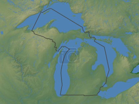 Foto de Michigan, estado de los Estados Unidos de América. Mapa de elevación de colores con lagos y ríos - Imagen libre de derechos