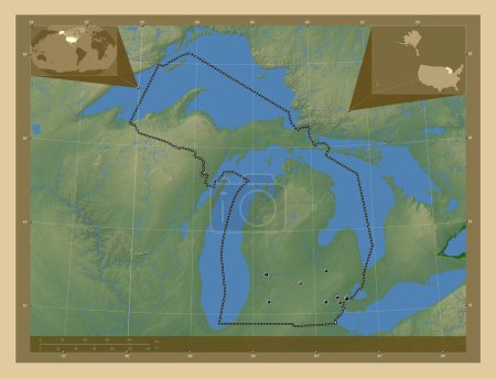 Foto de Michigan, estado de los Estados Unidos de América. Mapa de elevación de colores con lagos y ríos. Ubicaciones de las principales ciudades de la región. Mapas de ubicación auxiliares de esquina - Imagen libre de derechos