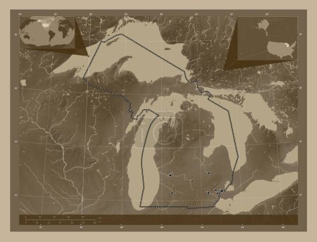 Foto de Michigan, estado de los Estados Unidos de América. Mapa de elevación coloreado en tonos sepia con lagos y ríos. Ubicaciones de las principales ciudades de la región. Mapas de ubicación auxiliares de esquina - Imagen libre de derechos