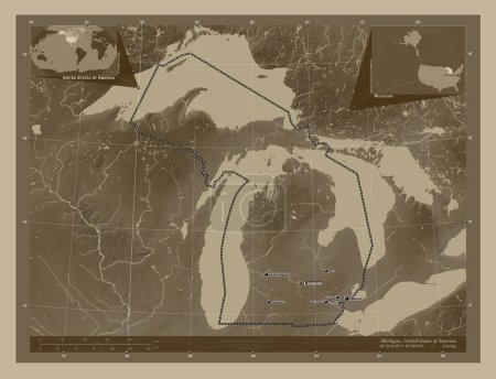 Foto de Michigan, estado de los Estados Unidos de América. Mapa de elevación coloreado en tonos sepia con lagos y ríos. Ubicaciones y nombres de las principales ciudades de la región. Mapas de ubicación auxiliares de esquina - Imagen libre de derechos