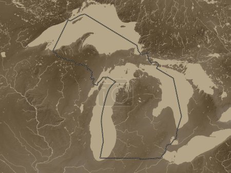 Téléchargez les photos : Michigan, État des États-Unis d'Amérique. Carte d'altitude colorée dans des tons sépia avec des lacs et des rivières - en image libre de droit
