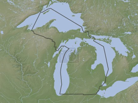 Téléchargez les photos : Michigan, État des États-Unis d'Amérique. Carte d'altitude colorée dans le style wiki avec des lacs et des rivières - en image libre de droit