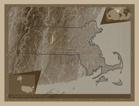 Foto de Massachusetts, estado de los Estados Unidos de América. Mapa de elevación coloreado en tonos sepia con lagos y ríos. Ubicaciones de las principales ciudades de la región. Mapas de ubicación auxiliares de esquina - Imagen libre de derechos