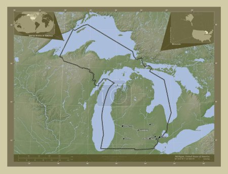 Téléchargez les photos : Michigan, État des États-Unis d'Amérique. Carte d'altitude colorée dans le style wiki avec des lacs et des rivières. Emplacements et noms des grandes villes de la région. Corner cartes de localisation auxiliaires - en image libre de droit