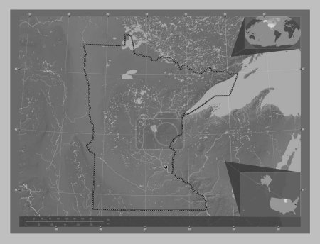 Photo for Minnesota, state of United States of America. Grayscale elevation map with lakes and rivers. Corner auxiliary location maps - Royalty Free Image