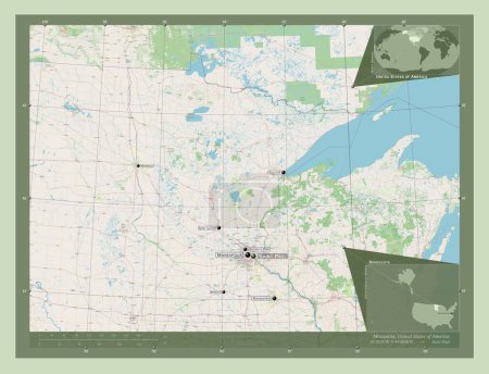Foto de Minnesota, estado de los Estados Unidos de América. Open Street Map. Ubicaciones y nombres de las principales ciudades de la región. Mapas de ubicación auxiliares de esquina - Imagen libre de derechos