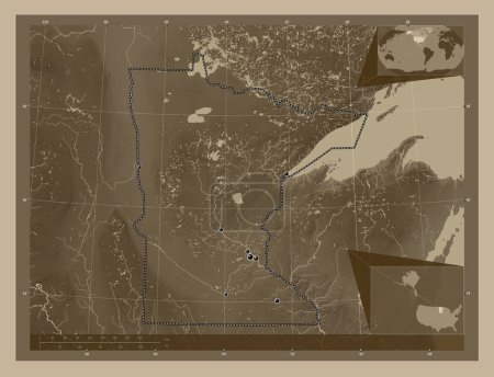 Photo for Minnesota, state of United States of America. Elevation map colored in sepia tones with lakes and rivers. Locations of major cities of the region. Corner auxiliary location maps - Royalty Free Image