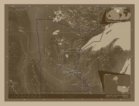 Foto de Minnesota, estado de los Estados Unidos de América. Mapa de elevación coloreado en tonos sepia con lagos y ríos. Ubicaciones y nombres de las principales ciudades de la región. Mapas de ubicación auxiliares de esquina - Imagen libre de derechos