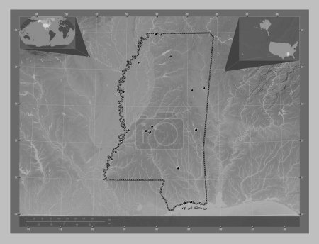 Foto de Mississippi, estado de los Estados Unidos de América. Mapa de elevación a escala de grises con lagos y ríos. Ubicaciones de las principales ciudades de la región. Mapas de ubicación auxiliares de esquina - Imagen libre de derechos