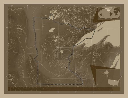 Photo for Minnesota, state of United States of America. Elevation map colored in sepia tones with lakes and rivers. Corner auxiliary location maps - Royalty Free Image