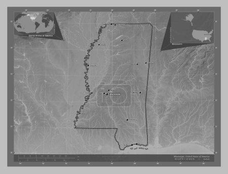 Photo for Mississippi, state of United States of America. Grayscale elevation map with lakes and rivers. Locations and names of major cities of the region. Corner auxiliary location maps - Royalty Free Image