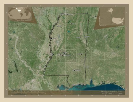 Téléchargez les photos : Mississippi, État des États-Unis d'Amérique. Carte satellite haute résolution. Emplacements et noms des grandes villes de la région. Corner cartes de localisation auxiliaires - en image libre de droit