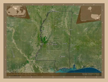 Téléchargez les photos : Mississippi, État des États-Unis d'Amérique. Carte satellite basse résolution. Emplacements et noms des grandes villes de la région. Corner cartes de localisation auxiliaires - en image libre de droit