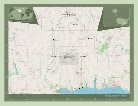 Photo for Mississippi, state of United States of America. Open Street Map. Locations and names of major cities of the region. Corner auxiliary location maps - Royalty Free Image