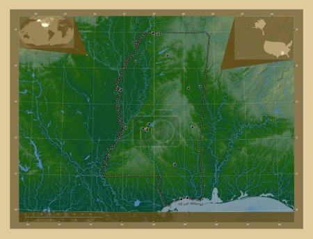 Foto de Mississippi, estado de los Estados Unidos de América. Mapa de elevación de colores con lagos y ríos. Ubicaciones de las principales ciudades de la región. Mapas de ubicación auxiliares de esquina - Imagen libre de derechos