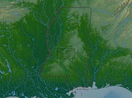 Téléchargez les photos : Mississippi, État des États-Unis d'Amérique. Carte d'altitude colorée avec lacs et rivières - en image libre de droit