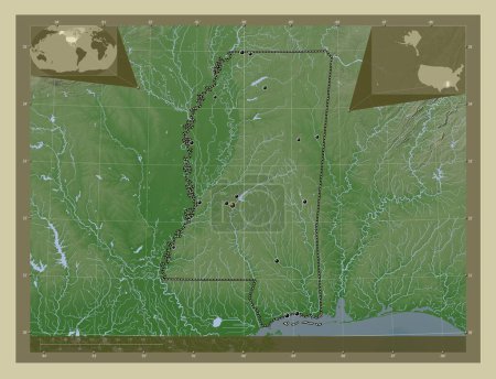 Téléchargez les photos : Mississippi, État des États-Unis d'Amérique. Carte d'altitude colorée dans le style wiki avec des lacs et des rivières. Emplacements des grandes villes de la région. Corner cartes de localisation auxiliaires - en image libre de droit