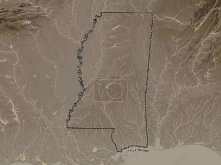 Téléchargez les photos : Mississippi, État des États-Unis d'Amérique. Carte d'altitude colorée dans des tons sépia avec des lacs et des rivières - en image libre de droit